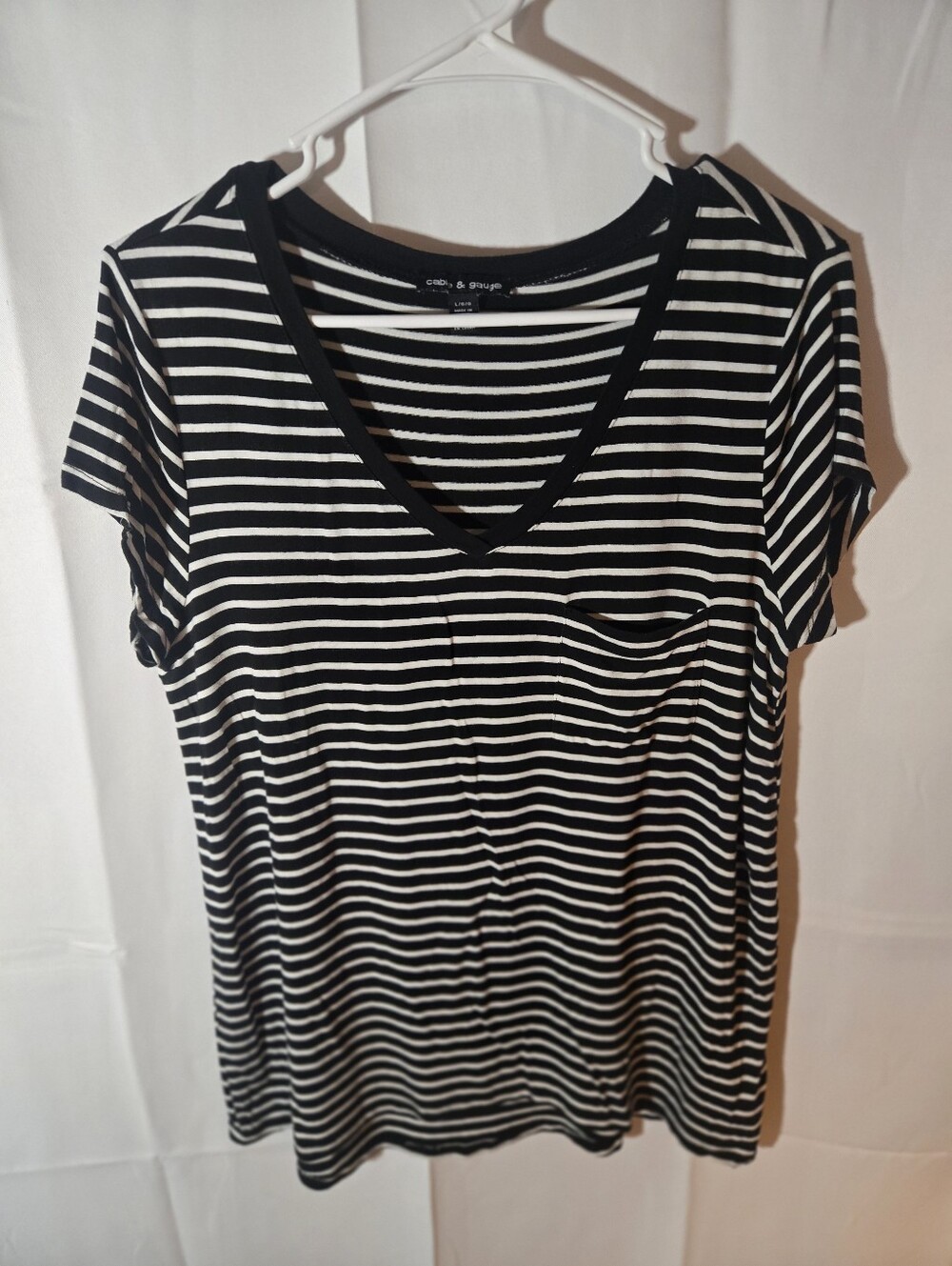 Cable & Gauge Black and White Striped V-Neck Tee